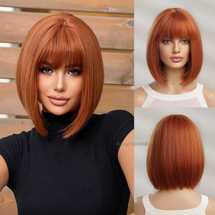 Плътна кафява перука на черта с бретон