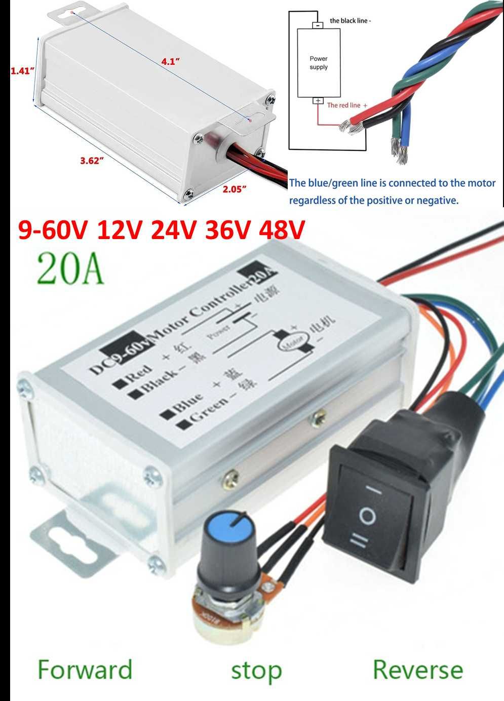 Regulator de turatie motor cc PWM 20A 9-60V cu Schimbare sens, Nou!