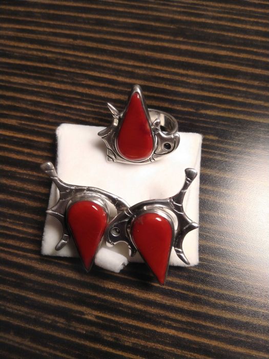 Set cercei și inel argint cu coral