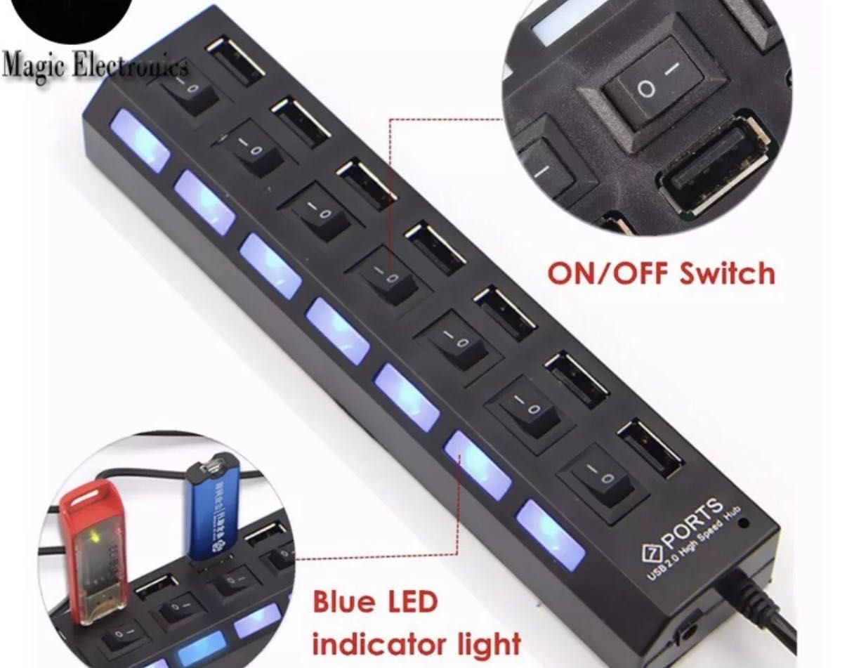 7-портов USB хъб със супер бърз 480mbps високоскоростен трансфер