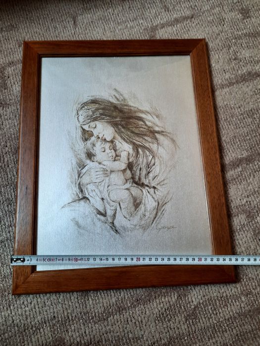 Litografie tânără cu copil în brate (posibil Fecioara Maria)