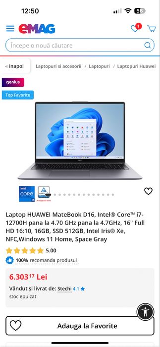 Laptop HUAWEI MateBook D16, i7-12700H, 16GB RAM, SSD 512GB