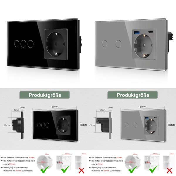 Întrerupător de lumină din sticlă cu priza si slot USB si USB C - nou