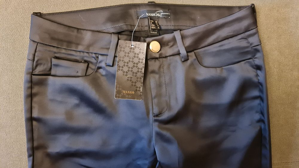 Pantaloni Mango, negru lucios, din satin