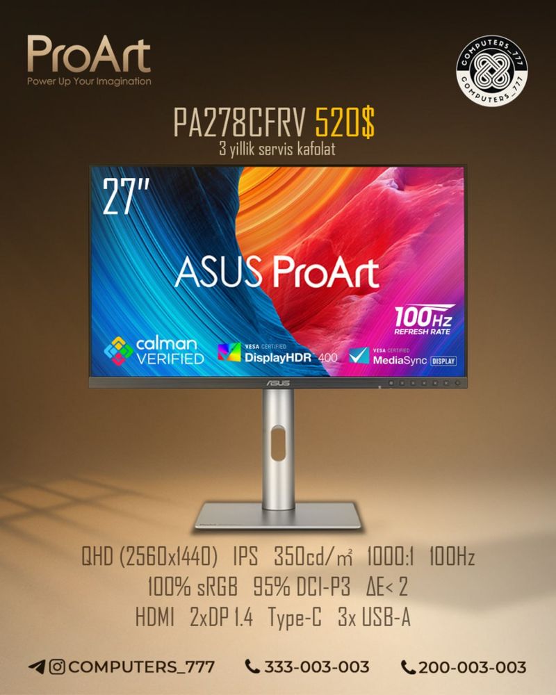 Asus proart pa278cfrv 2k qhd 100hz ips monitor