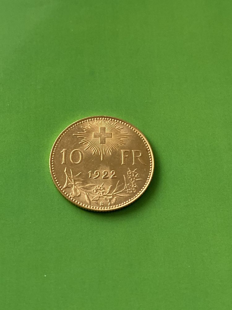 Moneda aur 22 K, Elvetia, 10 Francs 1922 [Franci), 3,22 grame.