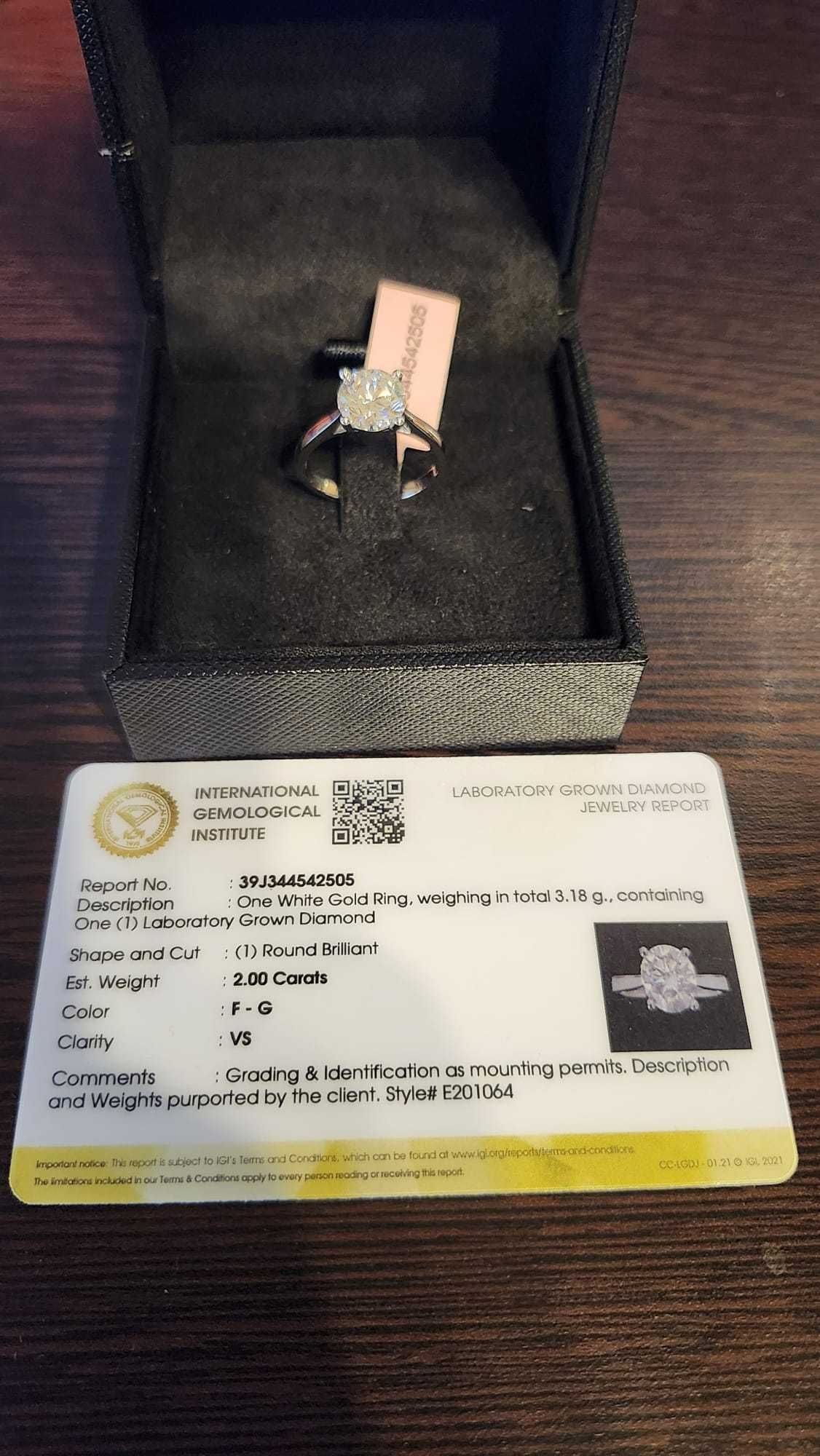 Inel logodnă 2 ct diamant aur alb 14k  – IGI certificat – nou –