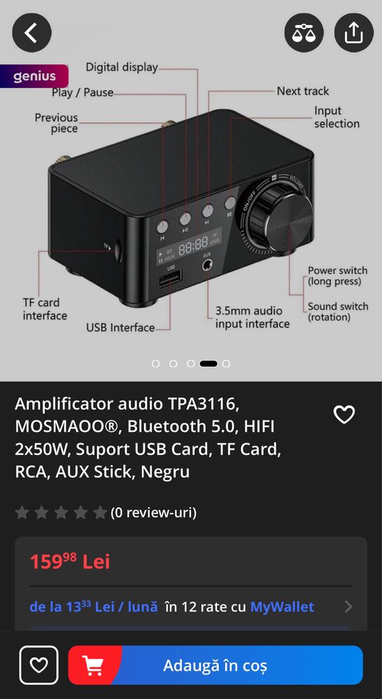 Amplificator audio TPA3116, MOSMAOO®, Bluetooth 5.0, HIFI 2x50W