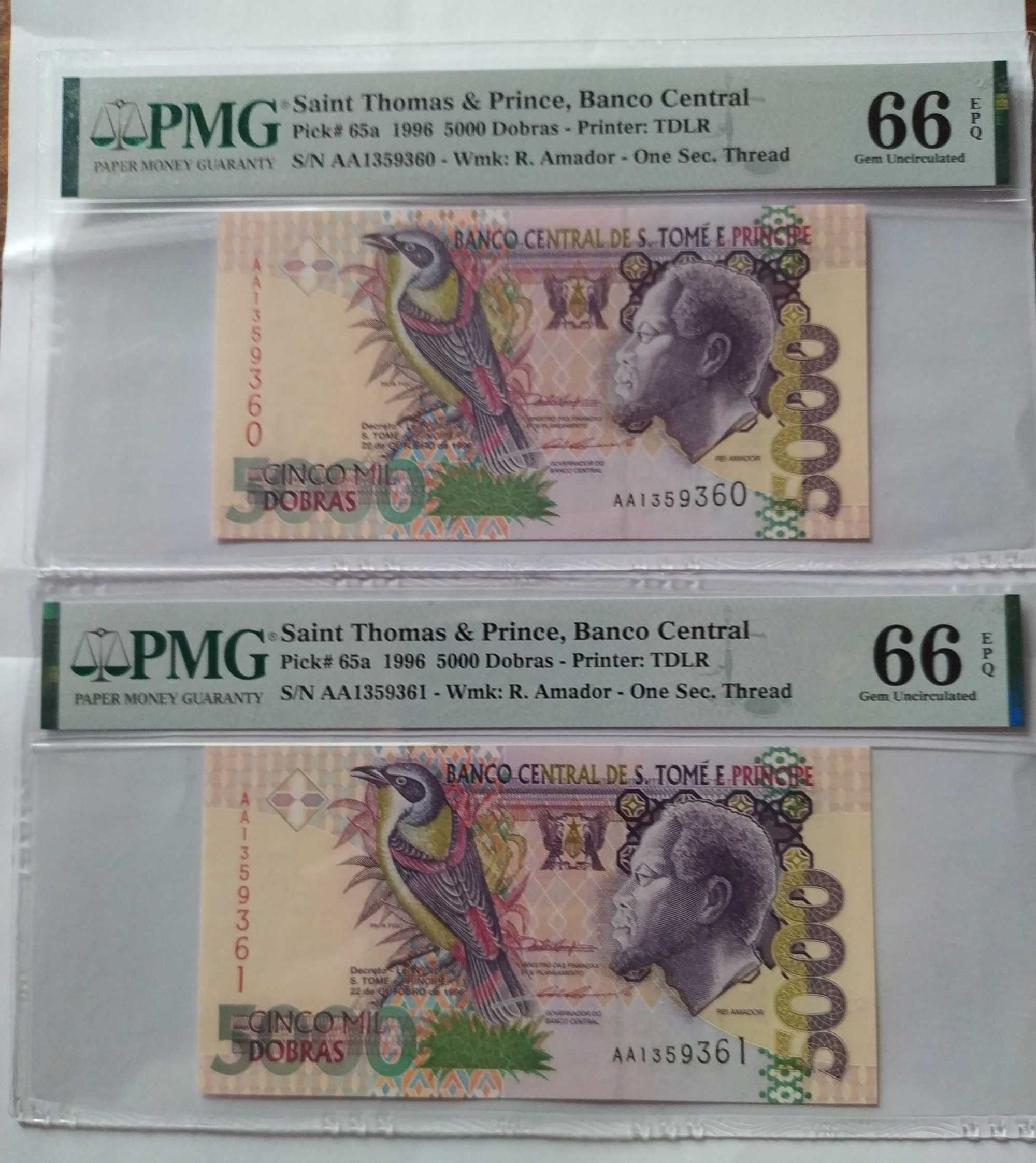 PMG 66 - 2 банкноти с поредни номера Сао Томе и Принсипи - 5000 добрас
