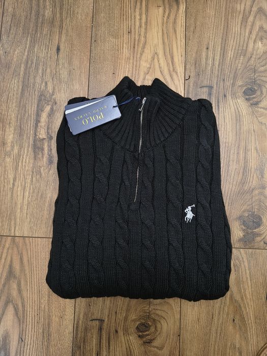 Pulover clasic, cable knit, RL, negru, half zipper