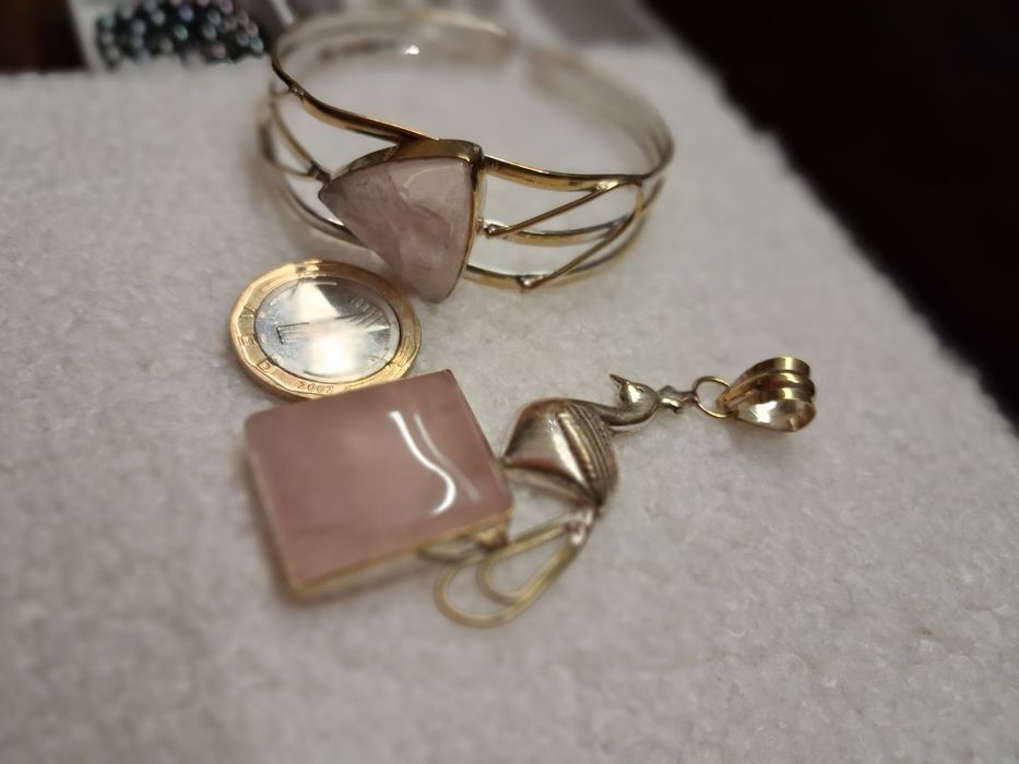 Старинни покребрени гривна и медальон розов кварц