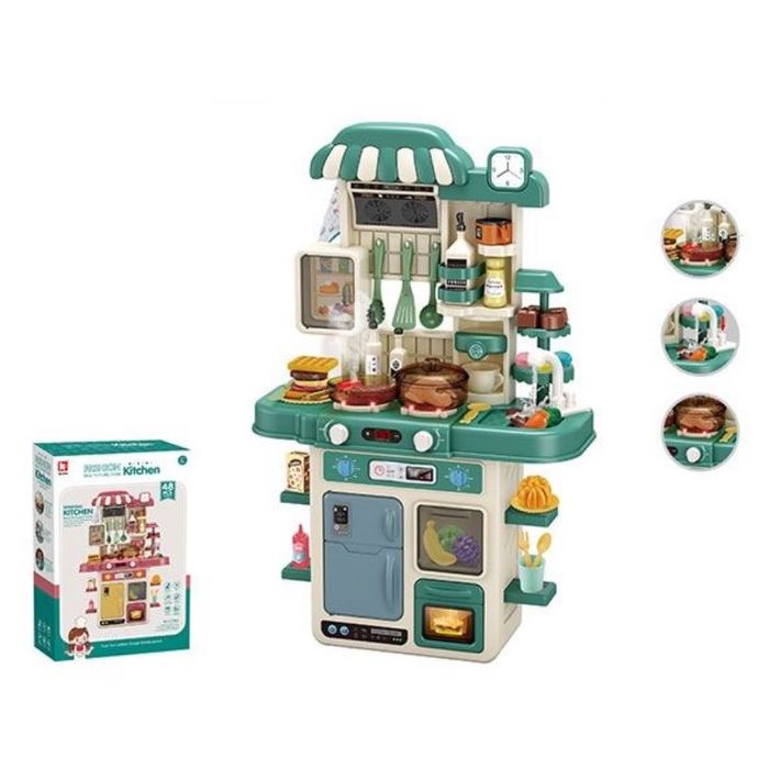 Кухня със светещи котлони, пара и мивка с течаща вода