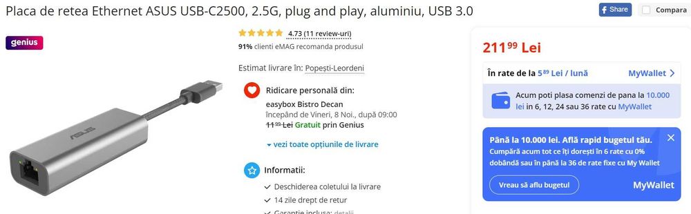 Adaptor Ethernet - USB 3.2 Gen1 ASUS USB-C2500, Hyper Fast 2.5Gbps