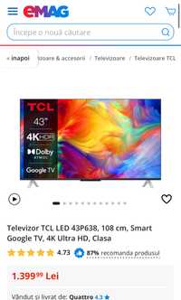 MDM vinde: Televizor TCL 43P638, 108cm, Smart, 4K.