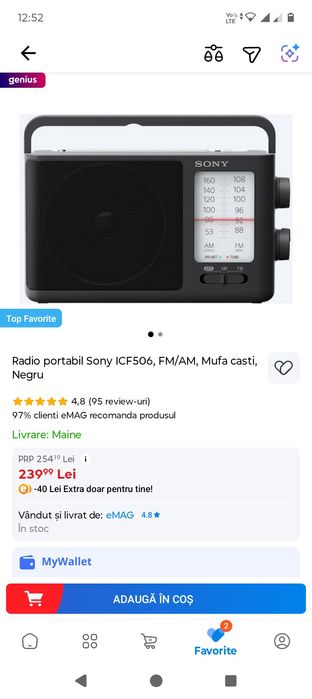 Radio portabil Sony ICF506, FM/AM, Mufa casti, Negru