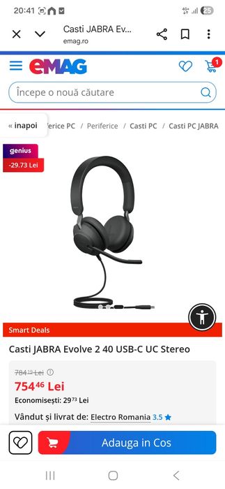 Căști JABRA EVOLVE 2 40 usb-c, stereo, call centre , cu microfon