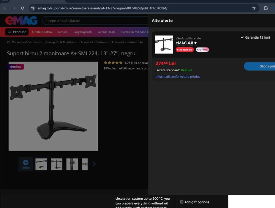 Suport birou 2 monitoare A+ SML224, 13''-27'', negru + Garantie 6 luni