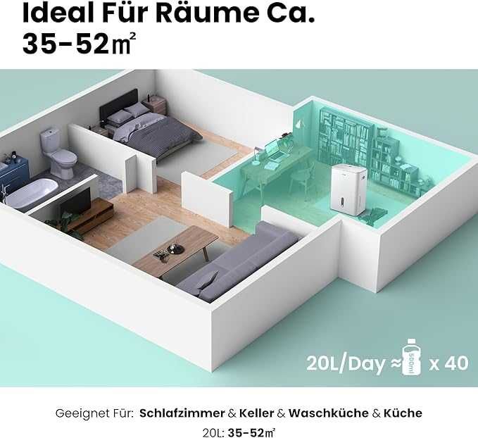 Dezumidificator 20 litri, 40m2/100m3, cu rezervor detasabil