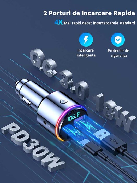 Modulator FM auto Bluetooth 5.1 ,2 porturi, incarcare fast charger