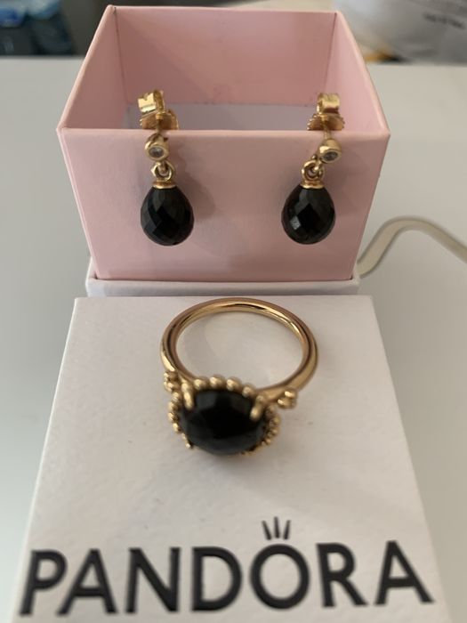Inel pandora aur black spinel si cercei pandora aur si onyx