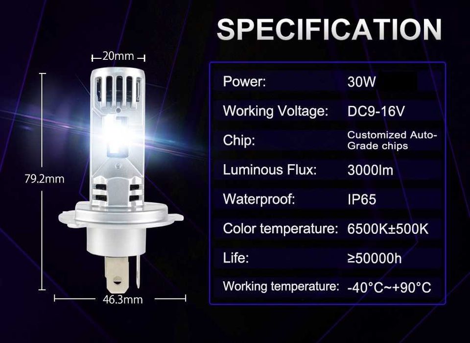 LED 30W Мини Диодни крушки H4, 12V, Canbus - 30% повече светлина.