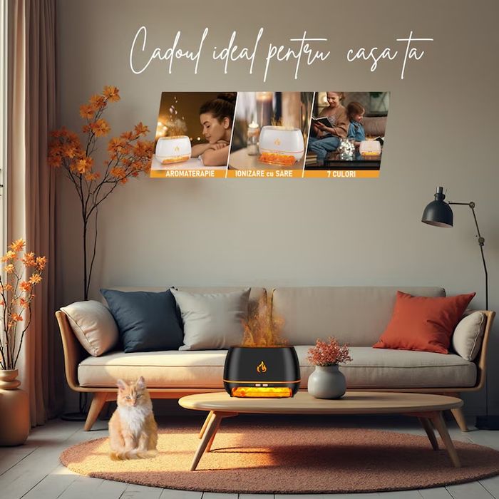 Difuzor Aroma, Umidificator 200ml, Efect Flacara 3D, 7 Culori LED