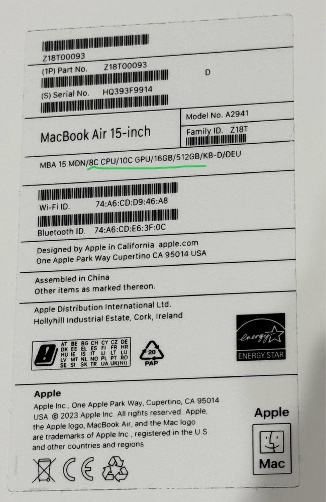 MacBook Air 15" M2 / 8-core CPU / 10core GPU / 16GB / 512GB / Midnight