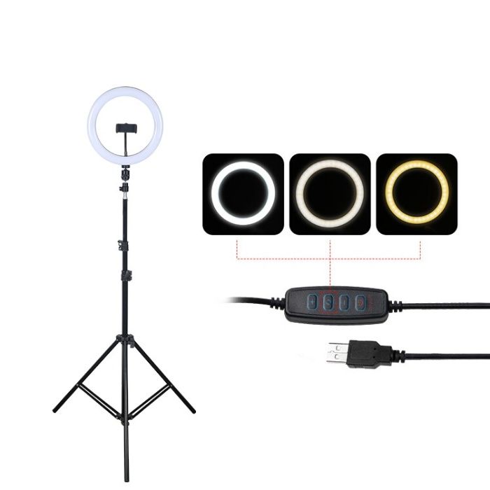 Lampa Ring Light LED 26cm cu trepied 210cm si suport telefon, lumina