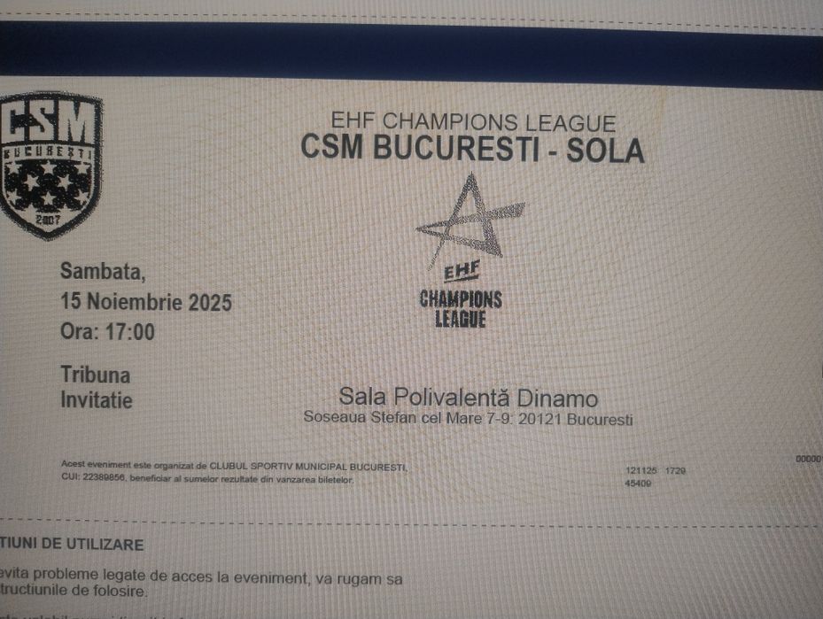 Vând bilet hambal CSM București -SOLA ,Sala polivalentă Dinamo