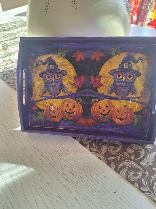 Tava handmade din lemn cu motive de toamna, Halloween