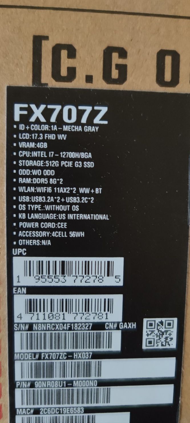 Asus TUF F17 FX707ZC -HX037/I7 12TH/16 GB  DDR5/NVIDIA RTX 3050