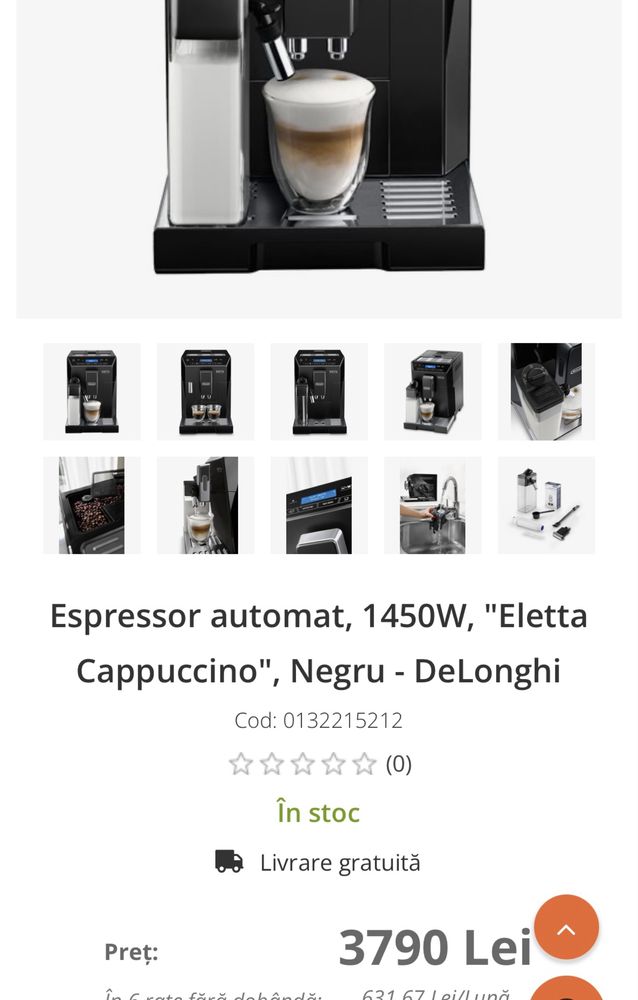 Espressor automat, 1450W, "Eletta Cappuccino", Negru - DeLonghi