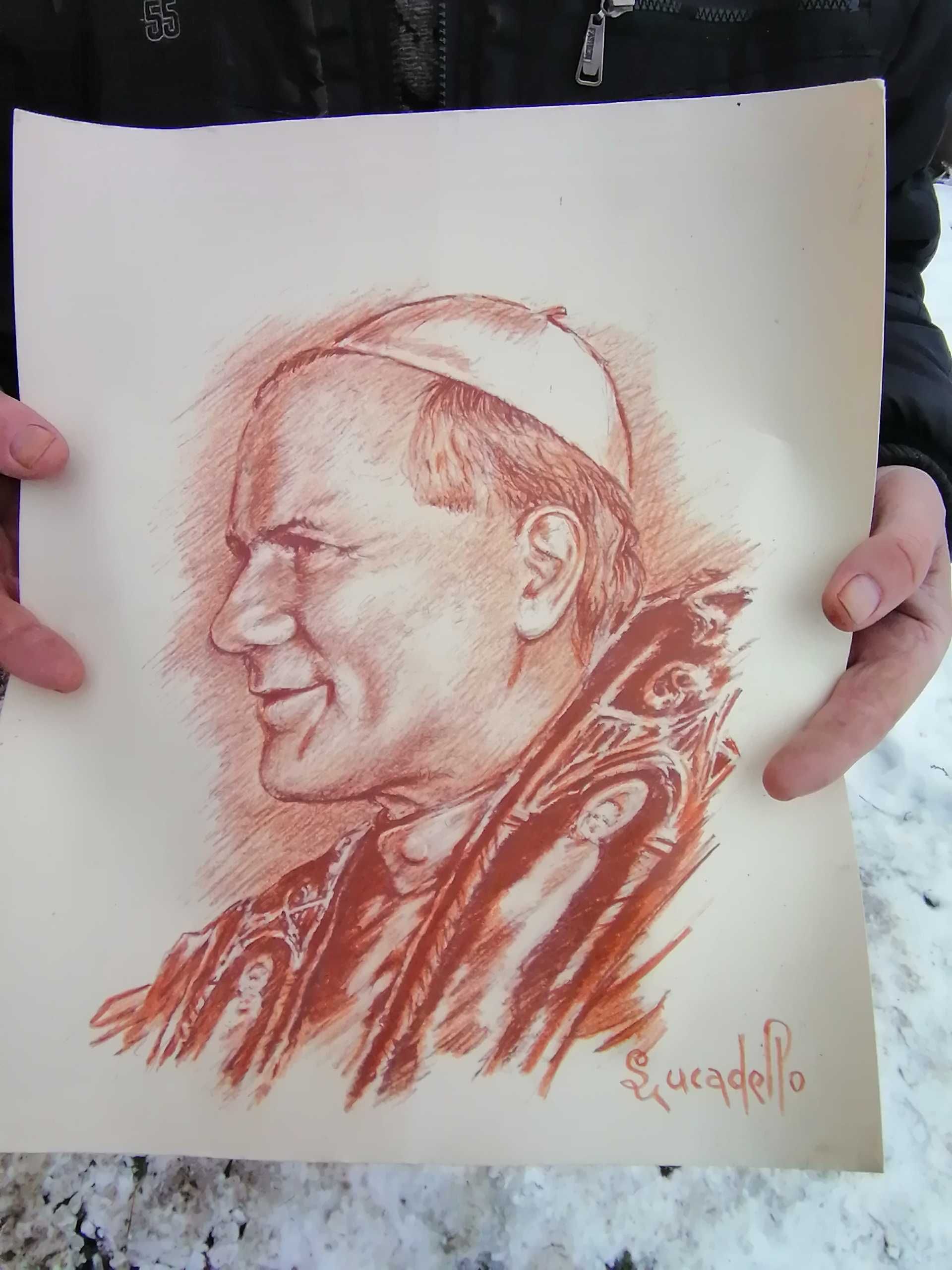 Desen pe carton cu Papa Ioan Paul al 2-lea- semnat