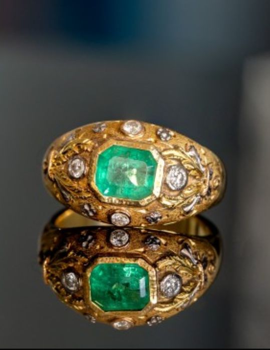 Inel Vechi Aur 18K Smarald Diamante Certificat