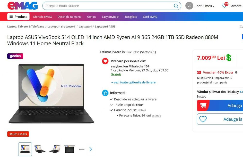 Asus Vivobook S14 2025 OLED Ryzen AI 9 HX 370 32DDR5 1TB 14" SIGILAT