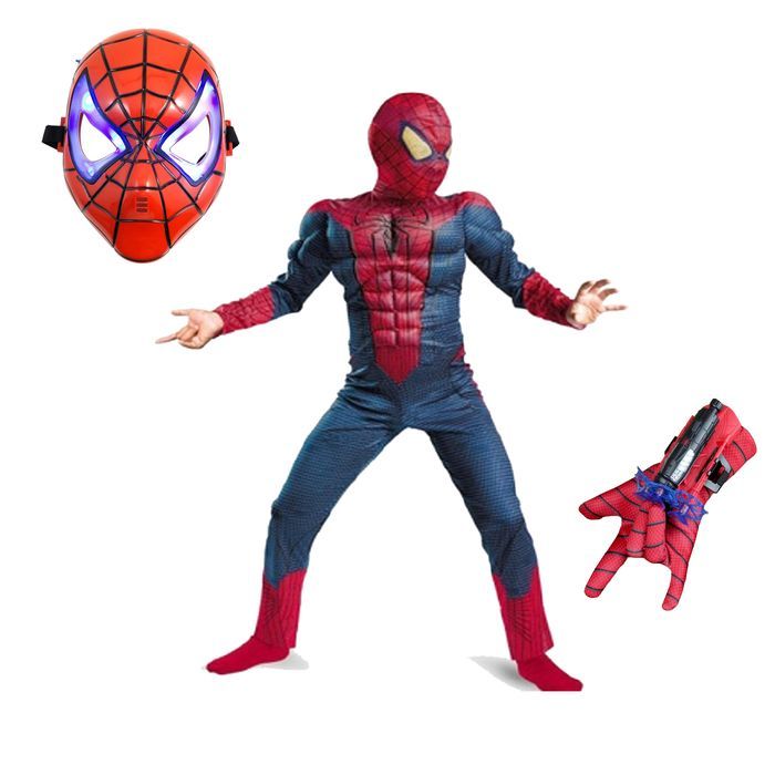 Costum muschi Spiderman, 5-7 ani, manusa lansator si masca plastic LED