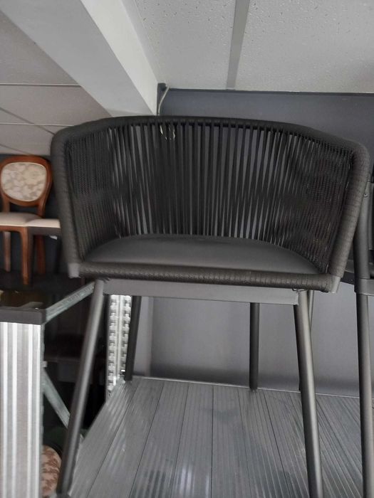 Scaun cadru metalic,sezut ecopiele,spatar impletit sfoara neagra 1 buc