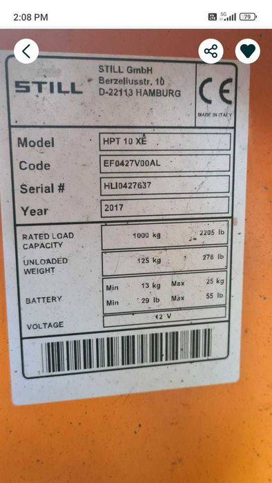 Liza electrica, transpalet electric Still