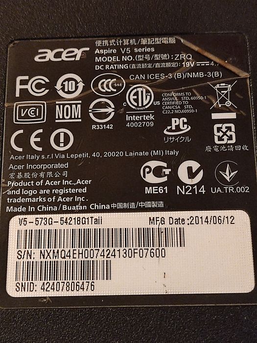 Acer Aspire V5-573G-54218G1Ta DAZRQMB18FO REV F