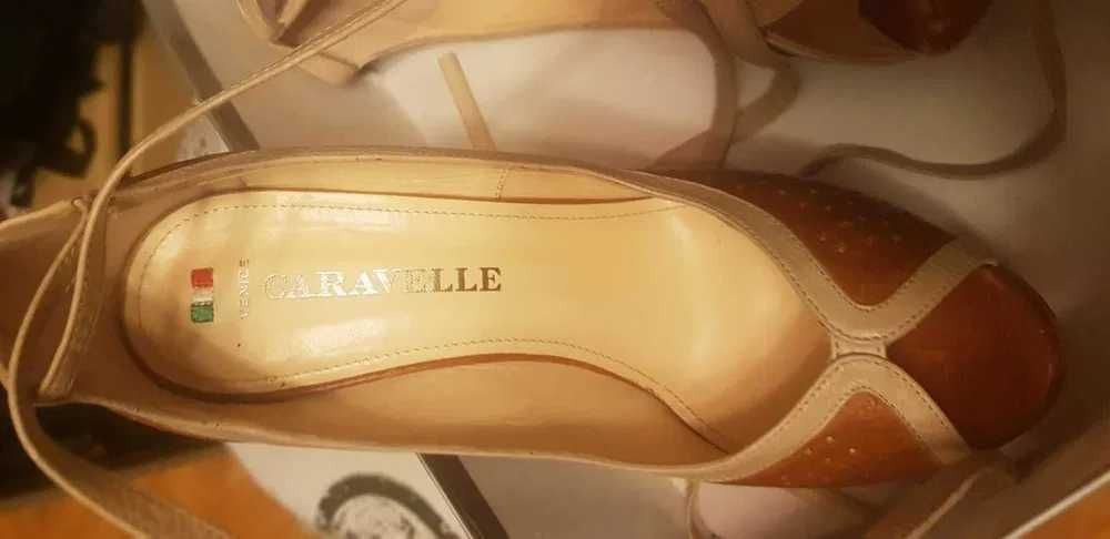 Pantofi piele naturala, culoare maro+auriu, platforma+toc, marime 38
