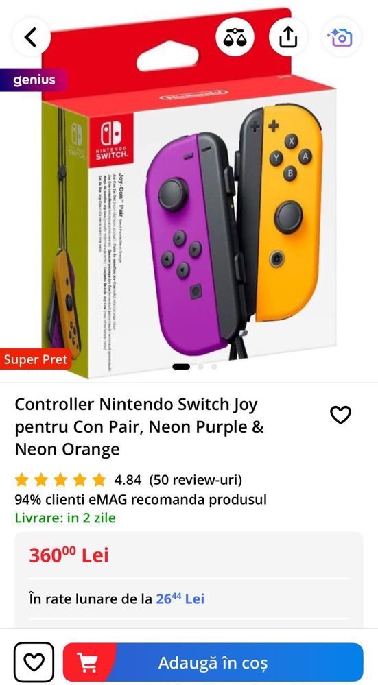 Controller Nintendo Switch Joy pentru Con Pair Purple/Orange Nou