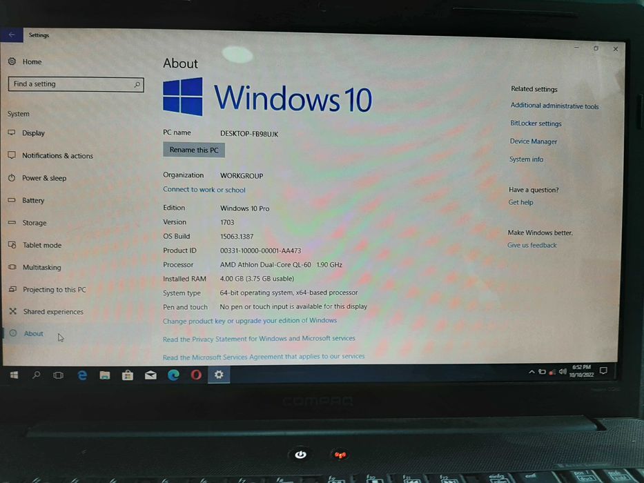 Лаптоп HP  CompacQ 240 GB , 4 RAM  , WIN 10 PRO
