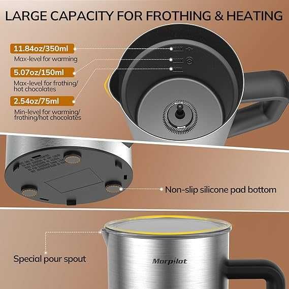 Разпенител за мляко Morpilot 6в1, 350мл,топла/студена пяна