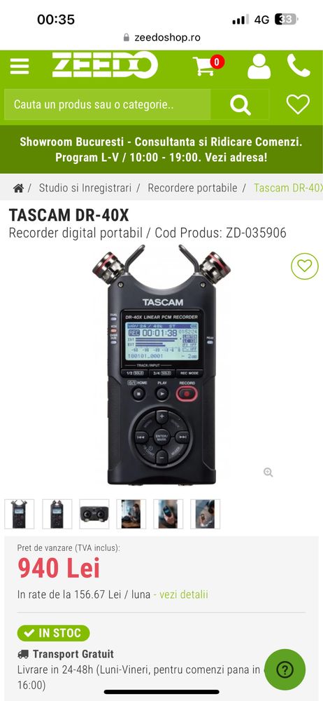 Recorder portabil Tascam DR-40X cu 4 canale interfata USB NOU LA CUTIE