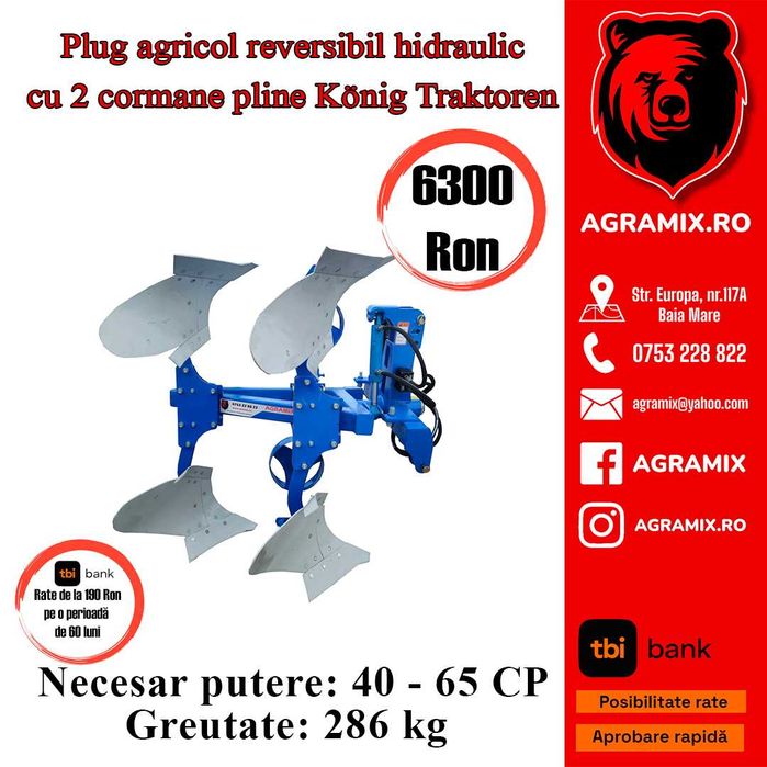 Plug agricol cu 2  brate reversibil hidraulic plug nou