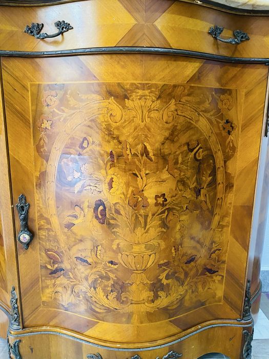 Comoda Lemn Masiv Bronz Intarsie Marmura Vintage