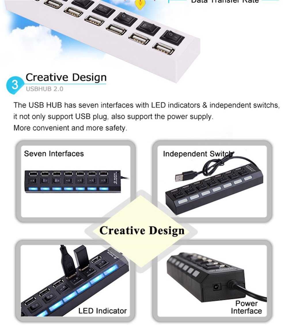 USB Hub, USB хъб разклонител 7 порта с LED диоди