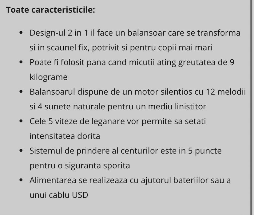 Leagăn electric pentru bebeluși – ca nou, folosit de maxim 5 ori