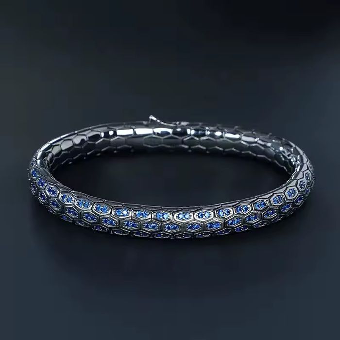 brățară de argint 925 cu model de piton, cu zirconiu albastru.