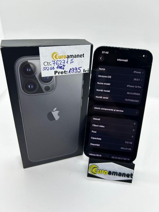 Telefon mobil Apple iPhone 13 Pro, 512GB, 5G, Graphite, 100% -P-